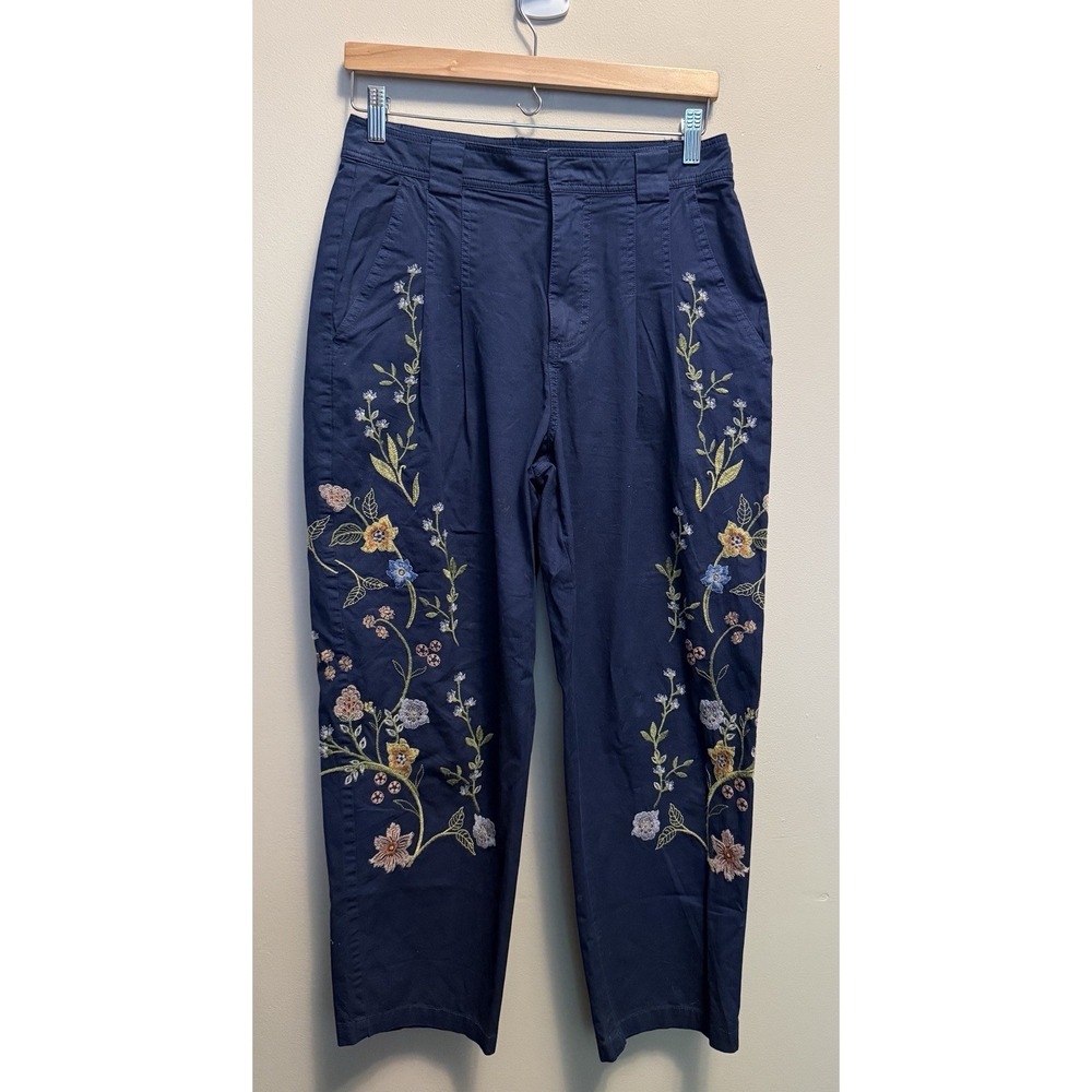Sundance Catalog Women Garden Grand Barrel Pants Blue Floral Embroidered Size 4